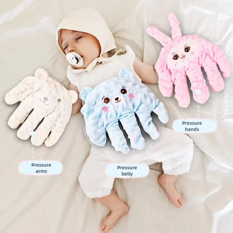 Baby Sleep Aid Hand that mimics gentle patting to help babies relax and fall asleep, with remote control, suitable for infants and toddlers.