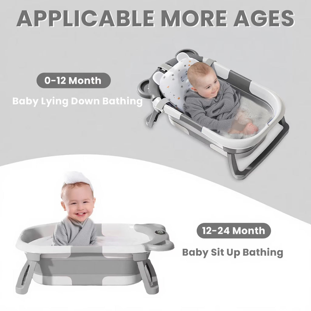 Portable Travel Bathtub, Collapsible Baby Bathtub, with Thermometer &1Soft Floating Cushion, with Drain Hole,