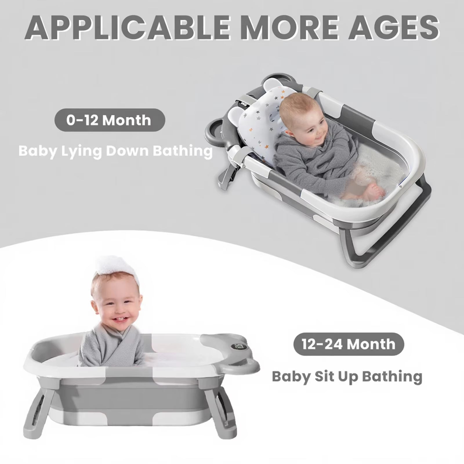 Portable Travel Bathtub, Collapsible Baby Bathtub, with Thermometer &1Soft Floating Cushion, with Drain Hole,