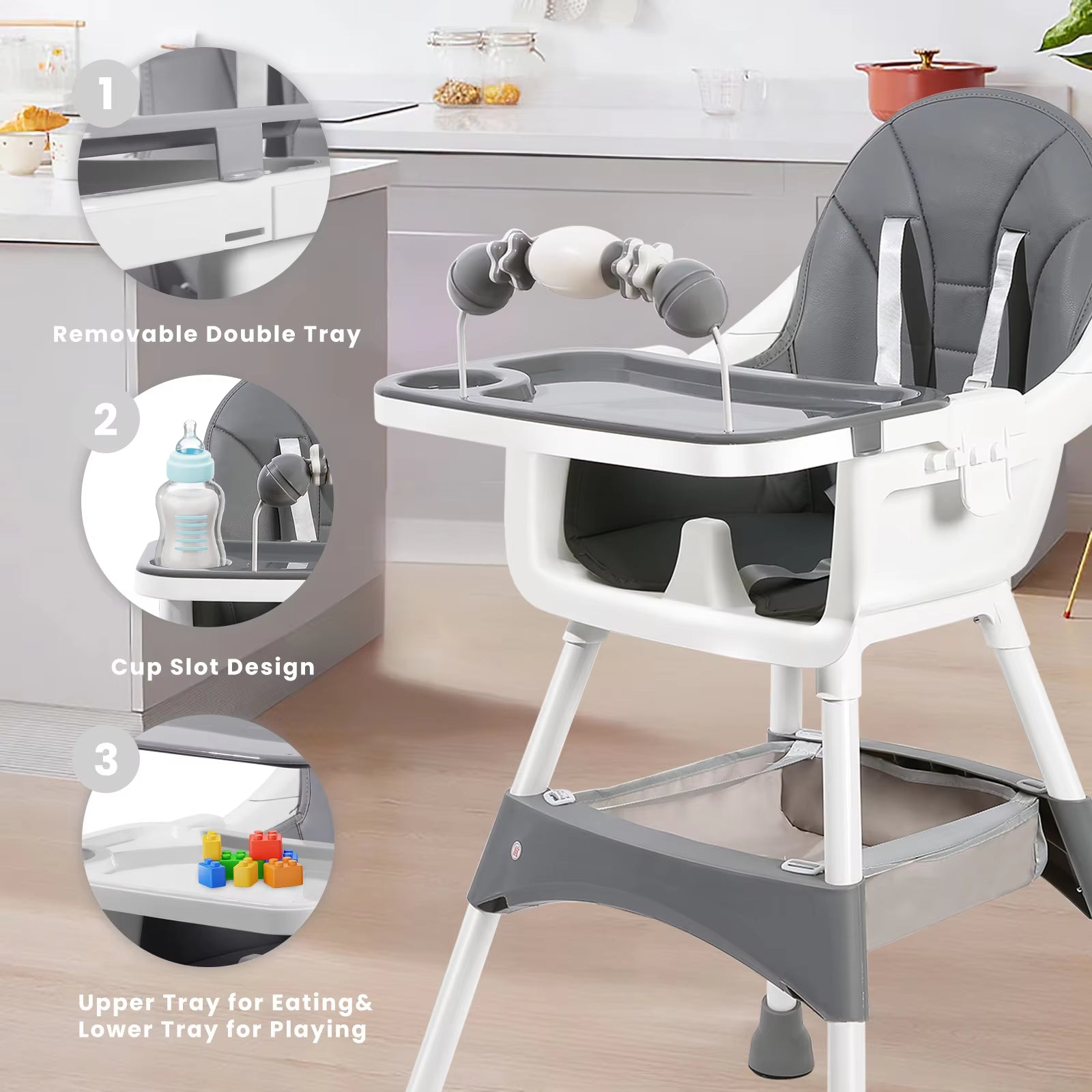 Convertible Baby High Chair – Double-Layer Feeding Tray, Toy Bar & 5-Point Safety