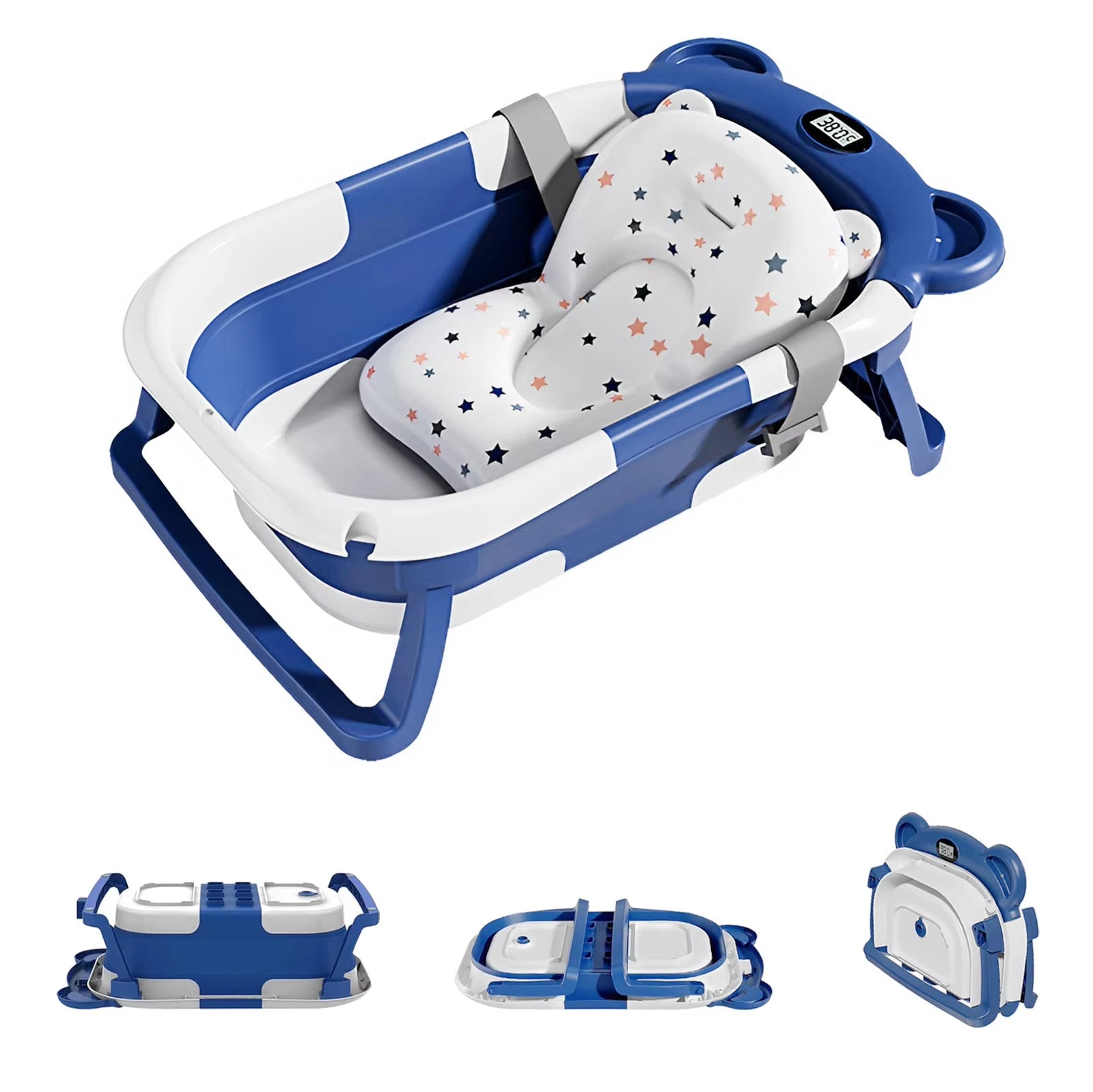 Portable Travel Bathtub, Collapsible Baby Bathtub, with Thermometer &1Soft Floating Cushion, with Drain Hole,