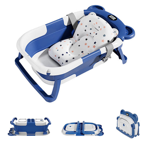 Portable Travel Bathtub, Collapsible Baby Bathtub, with Thermometer &1Soft Floating Cushion, with Drain Hole,