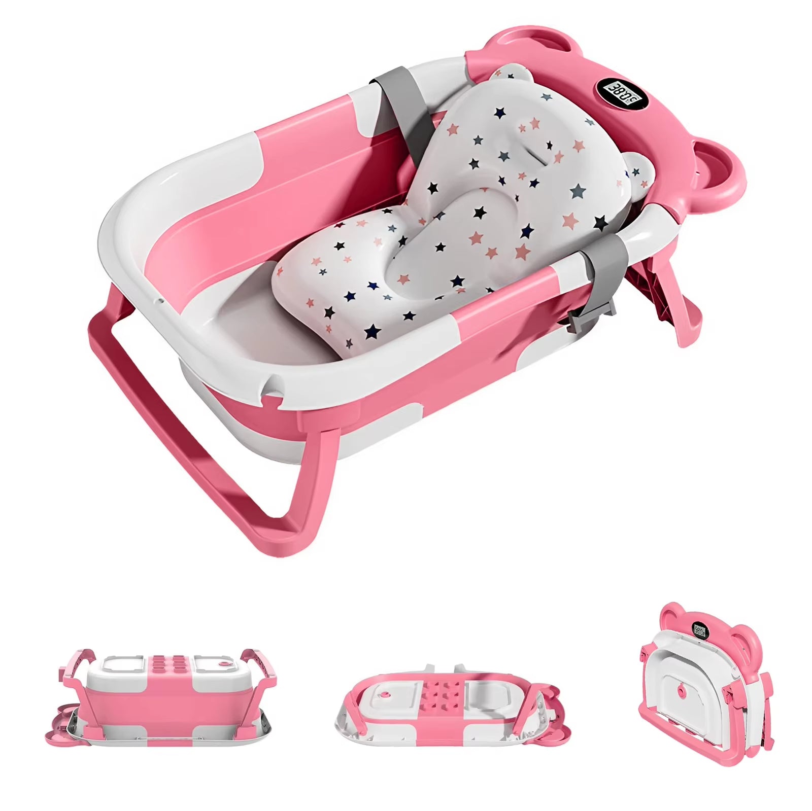 Portable Travel Bathtub, Collapsible Baby Bathtub, with Thermometer &1Soft Floating Cushion, with Drain Hole,