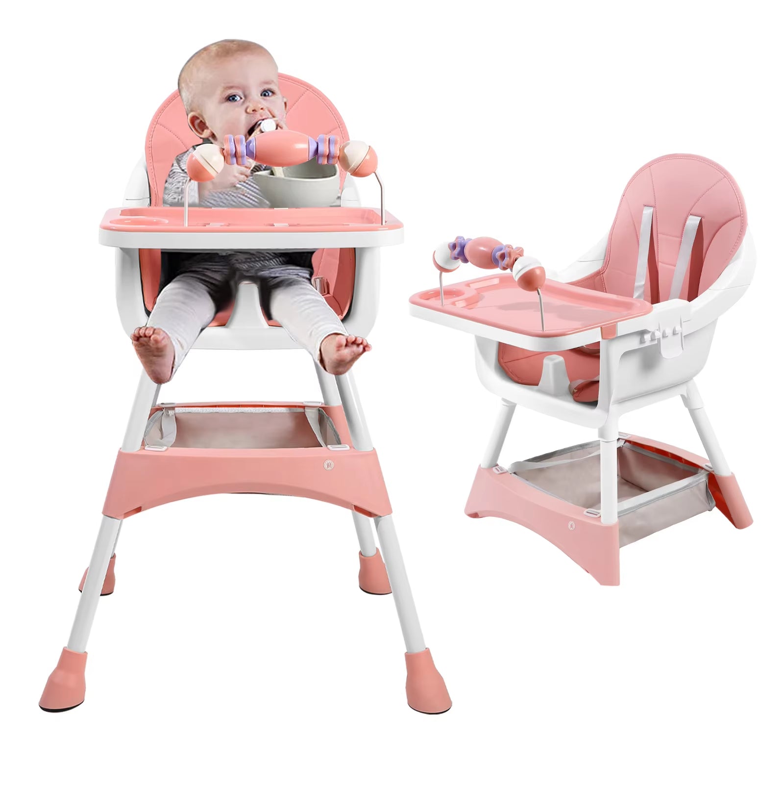 Convertible Baby High Chair – Double-Layer Feeding Tray, Toy Bar & 5-Point Safety